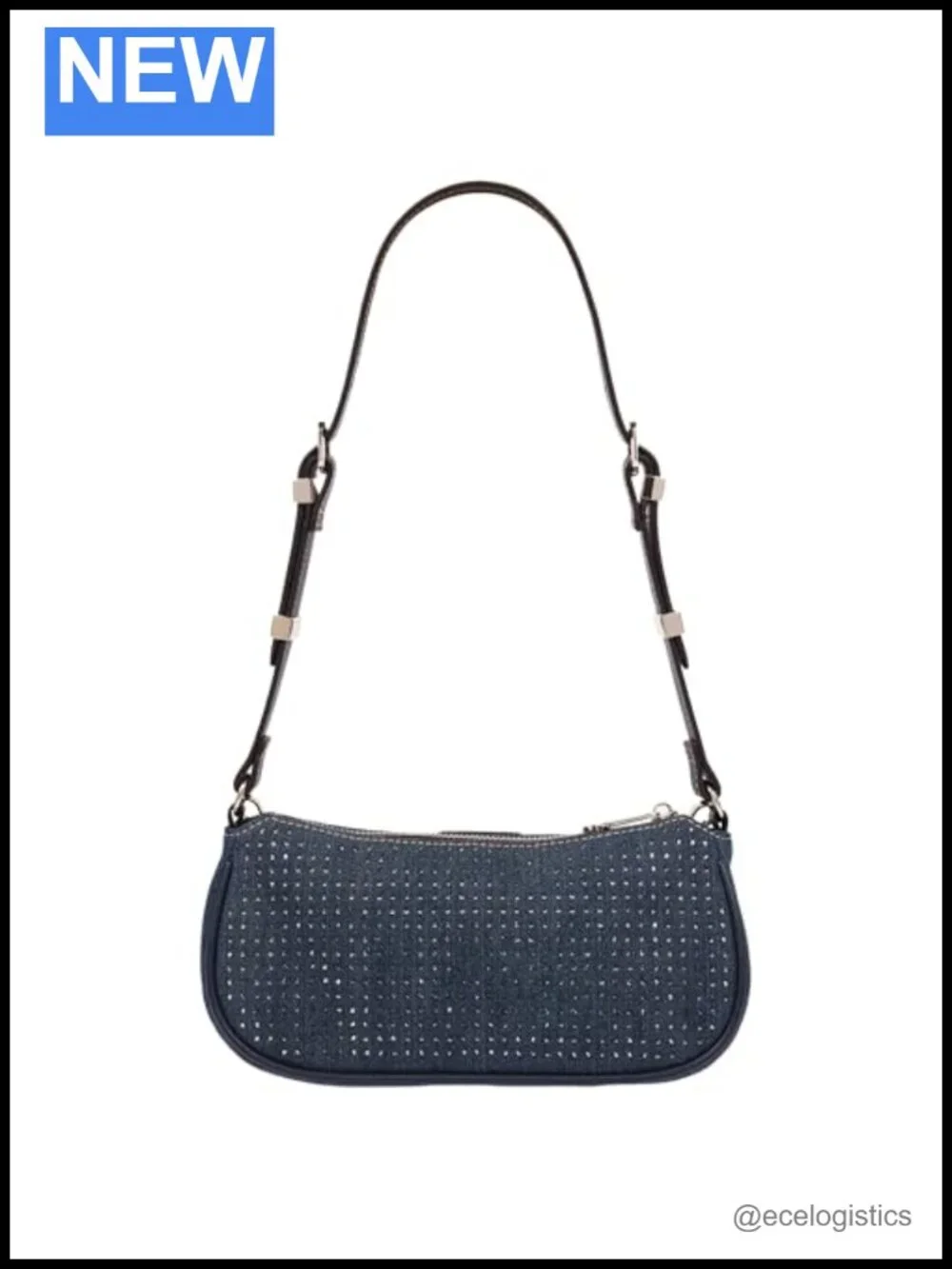 Rhinestone Studded Denim Shoulder Bag with Gold Hardware